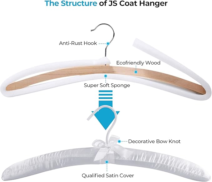 JS HANGER Padded Hanger for Sweaters - 17 Inch Extra Large Heavy Duty Satin Covered Coat Hangers No Shoulder Bump for Women Clothes, Sweaters, Dresses, Clothing, Weddings, Lingerie Pack of 10, White