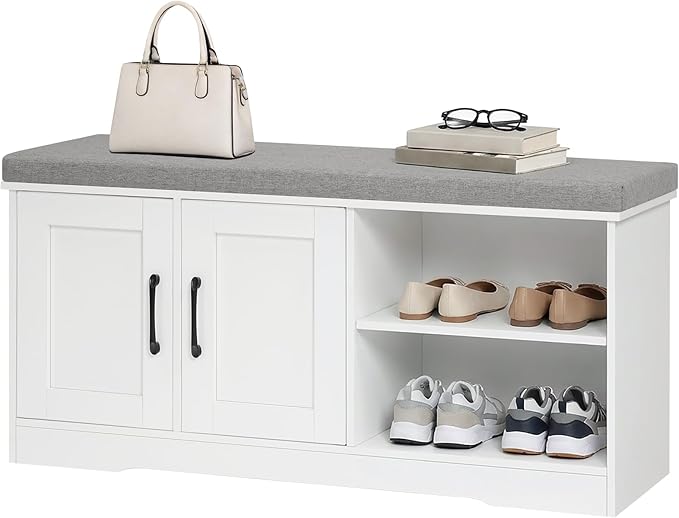 Storage Bench, 39.4" Wide Shoe Bench with Padded Seat Cushion, Entryway Bench with 2 Doors and Adjustable Shelf, End of Bed Bench, for Hallway, Bedroom, White and Gray BSWT1201