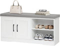 Storage Bench, 39.4" Wide Shoe Bench with Padded Seat Cushion, Entryway Bench with 2 Doors and Adjustable Shelf, End of Bed Bench, for Hallway, Bedroom, White and Gray BSWT1201