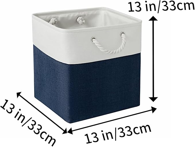 Cube Storage Bins, Collapsible Fabric Storage Cubes Bins, 11 Inch Cube Storage Bins with Handles, Foldable Storage Cubes (White/Navy, 6Pack)