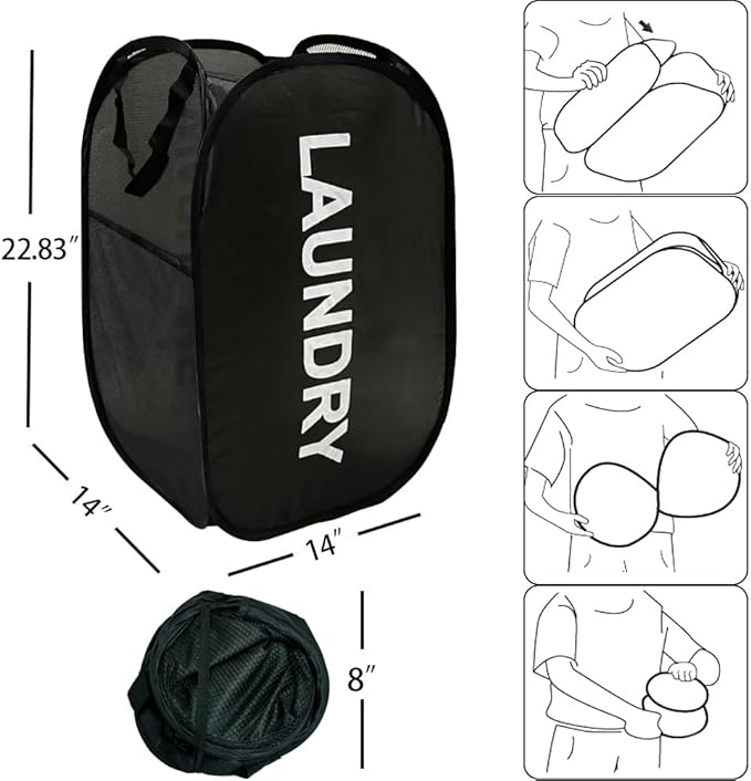 Pop Up Laundry Hampers, Collapsible Mesh Laundry Baskets, 2 Pack Black Clothes Hampers Storage Baskets for Home, Dorm, Travel