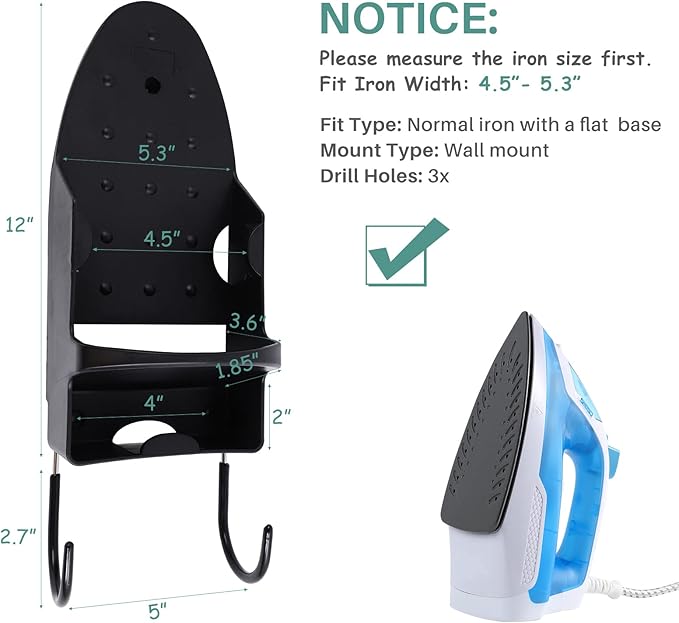 Ironing Board Hanger Wall Mount, Iron Hanger with Ironing Board Rack, Heat Resistant Iron Holder Wall Mount for Max 5 Inch Width (Black)