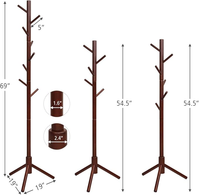 Tangkula Coat Rack Freestanding, Rubber Wood Coat Stand with 8 Hooks, Height Adjustable Entryway Coat Tree Coat Hanger Stand for Home Office Hall Entryway