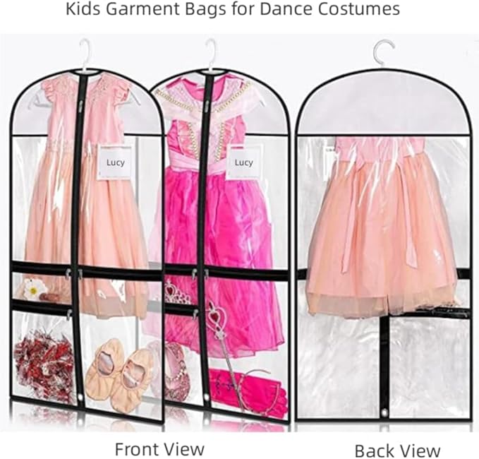 Clear Dance Costume Garment Bag, 39 Inch Garment Bag for Dance Competitions, Kids Hanging Clothes Cover for Girls Closet Storage with 3 Zippered Pockets (2 Pack, Clear)