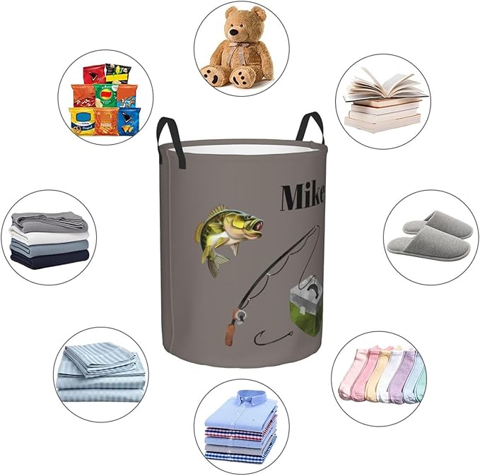 Personalized Laundry Basket for Nursery, Custom Nursery Laundry Hamper with Name, Customize Baby Clothes Circular Hamper for Boys Girls Room Decor, Fshing