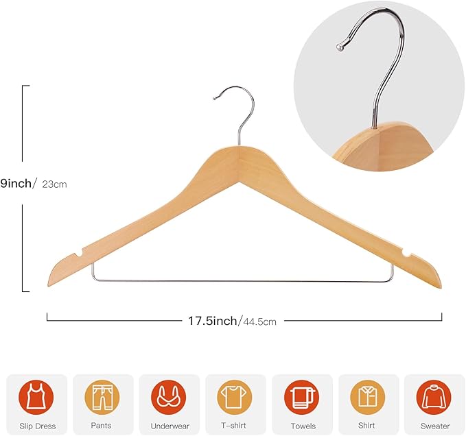 Wooden Hangers 30 Pack,Wood Hanger with Iron Pants Bar, Heavy Duty Coat Hanger, with 360-degree Hook，Smooth Finish Wooden Clothes Hangers, Sturdy Clothes Hangers for Suit Coat Jacket Pants Natural