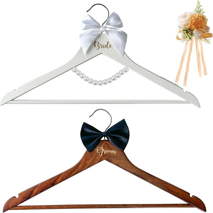 2 Pack Wedding Hangers Gifts Accessories, Groom Bride Hanger for Wedding Dress or Suit, Bridal Hanger with Bow Tie & Exquisite Wrist Flower and Pearl for Bridal Party