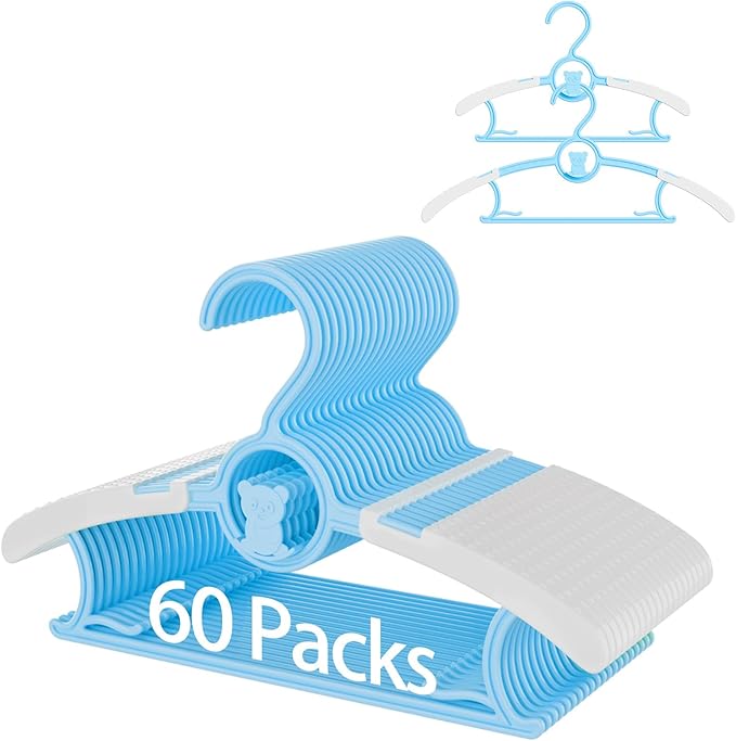 Baby Hangers, 11-14 Inch Extendable Kid Hangers 60 Pack, Non-Slip Children's Stackable Space-Saving Closet Organizers, Blue