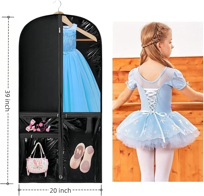 Clear Dance Costume Garment Bag, 39 Inch Garment Bag for Dance Competitions, Kids Hanging Clothes Cover for Girls Closet Storage with 3 Zippered Pockets