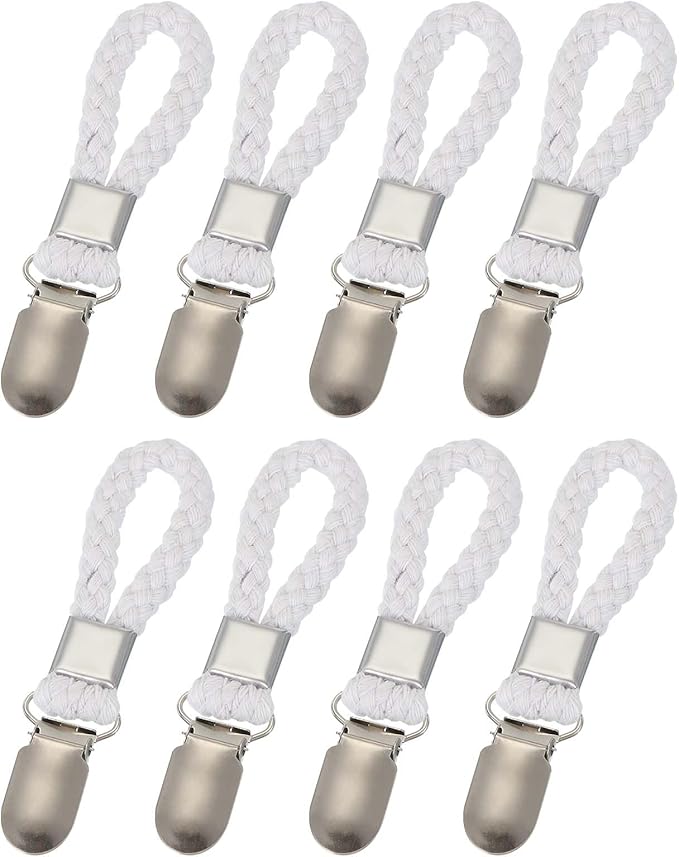 uxcell 8 Pcs Tea Towel Clips with Cotton Loop for Hanging, 4.3 Inch Metal Towel Hooks Multipurpose Cloth Hangers for Home Kitchen Bathroom, White