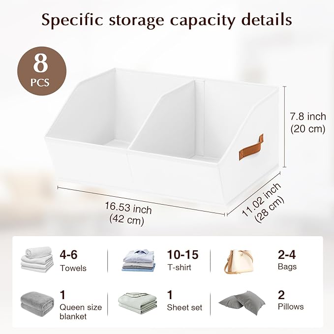 Closet Organizers and Storage Bins - 8 Pack Collapsible Divided Trapezoidal Cube Storage Bins Baskets with Orange Handle for Organizing Clothes Blankets, Toys, Books, Towels(White)