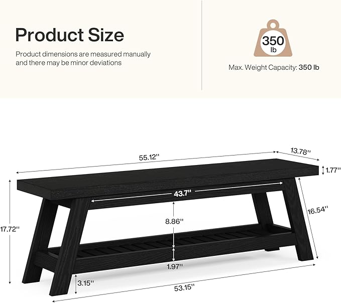 Tribesigns Wood Black 2-Tier Entryway Bench with Shoe Storage, 55" Large Narrow Hallway Foyer Seating Bench with Open Shelves for Entryway, Bedroom, Mudroom