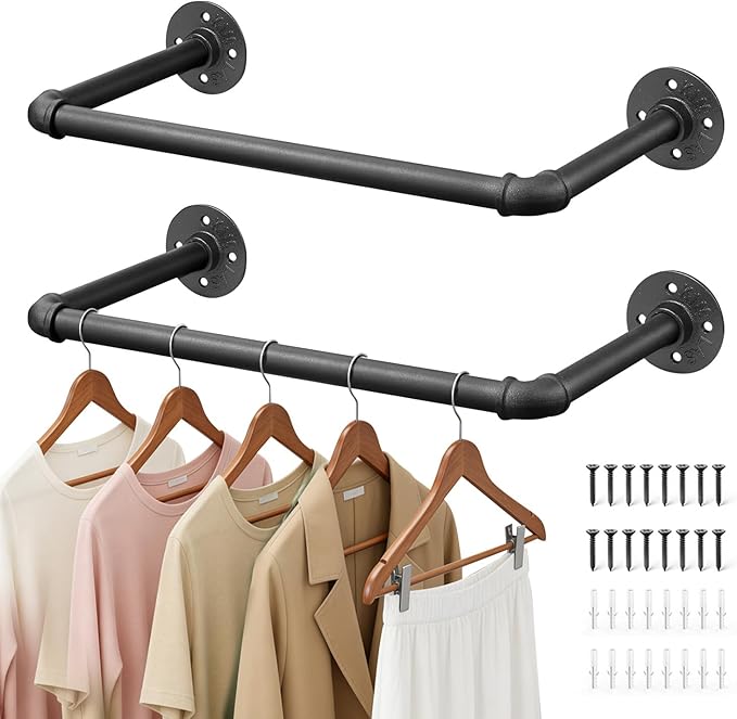21" Industrial Pipe Clothing Rack,2pcs Black Heavy Duty Wall Mounted Clothe Racks,Multi Functional Clothes Hanger, Laundry Room, Closet Storage,Retail Display of Wardrobe