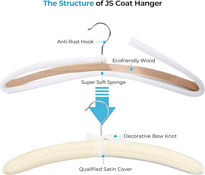 JS HANGER Padded Hangers - 17 Inch Extra Large Heavy Duty Cotton Covered Coat Hangers No Shoulder Bump for Women Clothes, Sweaters, Dresses, Clothing, Weddings, Lingerie Pack of 10, Beige