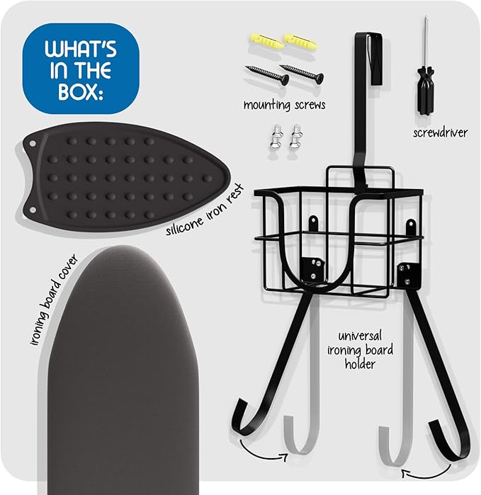 Set of 3 Ironing Board Holder Wall Mount & Over The Door Hanger, Laundry Room Ironing Board & Iron Hanger, Storage Caddy Iron Holder T&V Shaped Ironing Board Cover and Pad Set Full Size Iron Holder