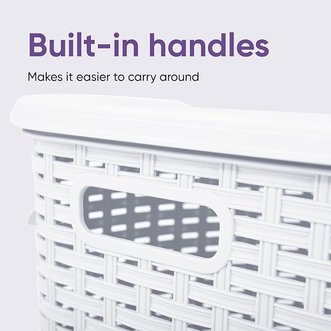 Plastic Laundry Hamper with Lid, Designed Laundry Hamper Basket, Beige Tall Cloths Hamper Organizer with Cut-out Handles. Space Saving for Laundry Room Bedroom Bathroom, Wicker Design 60 Liter