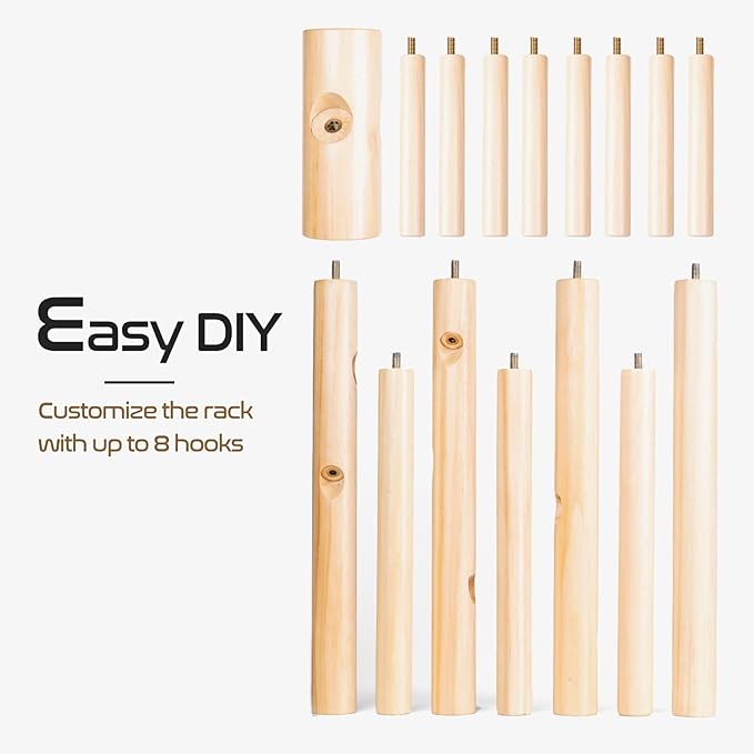 2PCS Solid Wooden Coat Rack Freestanding, New Zealand Pine Coat Tree with 8 Hooks & 3 Adjustable Sizes for Coats, Hats, Handbags and Scarves, Space Saving for Entryway/Office/Bedroom (Nature)