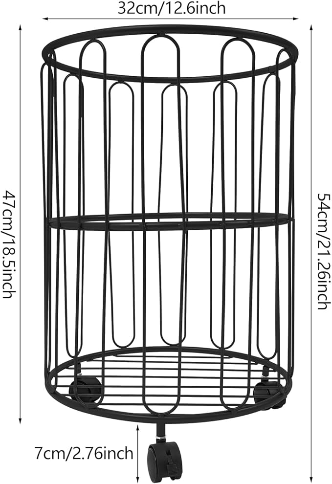 Rolling Laundry Cart Round Metal Laundry Basket,Storage Organize Hamper Basket for Closet Living Room Bathroom (Black)