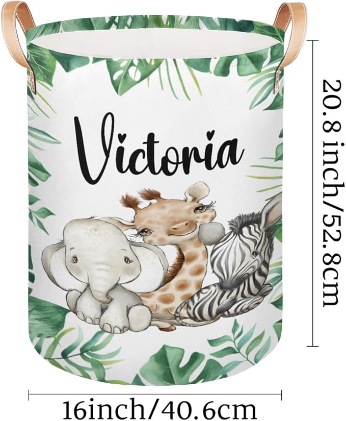 Personalized Laundry Basket, Custom Gift Laundry Hamper, Collapsible Nursery Waterproof Laundry Baskets, Dirty Clothes Toy Hamper with Handles Jungle Animals