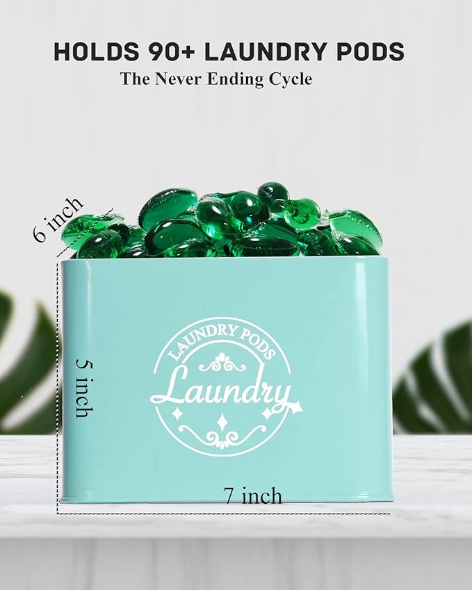 Laundry Pods Holder with Hinged Lid, Farmhouse Space-Saving Metal Container for Laundry Room Decor Organization and Storage, Detergent Dispenser for Efficient Laundry Room Use (Green)