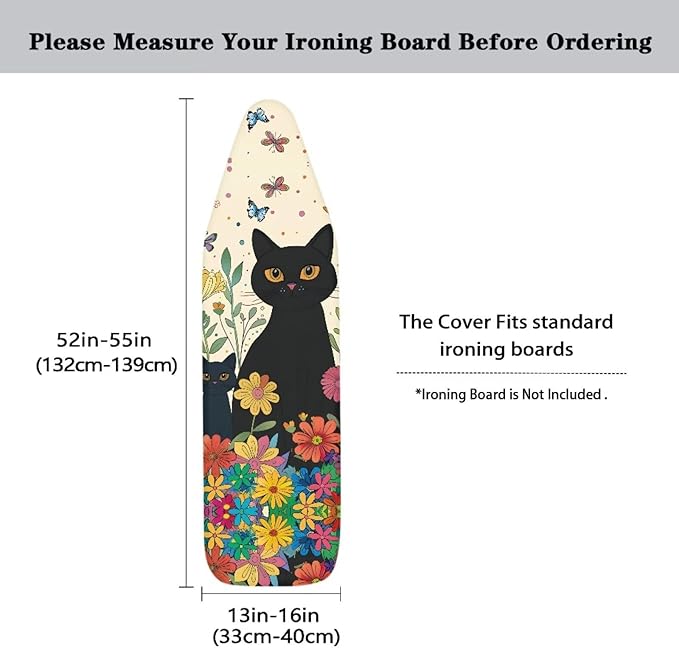 GLENLCWE Black Cat Colorful Flower Ironing Board Cover,Cute Cat Print Thick Ironing Board Cover with Padding 15x54 Inch Dust Cover with Elastic Edge Non Slip&Heat Reflective