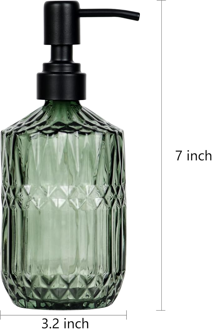 18 oz Dark Green Thick Glass Soap Dispenser with Black Rustproof Pump Refillable Bathroom, Kitchen Soap Dispenser for Hand Soap, Detergent, Lotion (Dark Green)