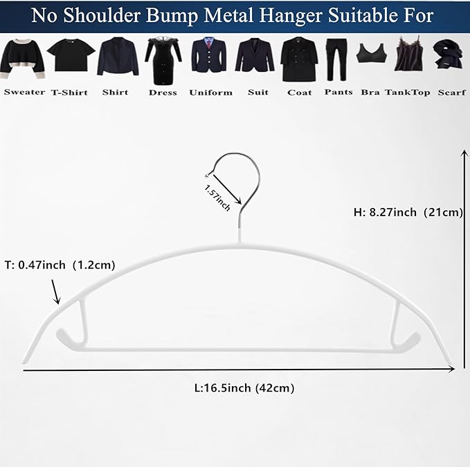 Metal Hangers with Non-Slip Rubber Coating, No Shoulder Bumps, Contour Design with Pants Bar for Sweaters & T-Shirts, White, 16.5 Inch, Pack of 10
