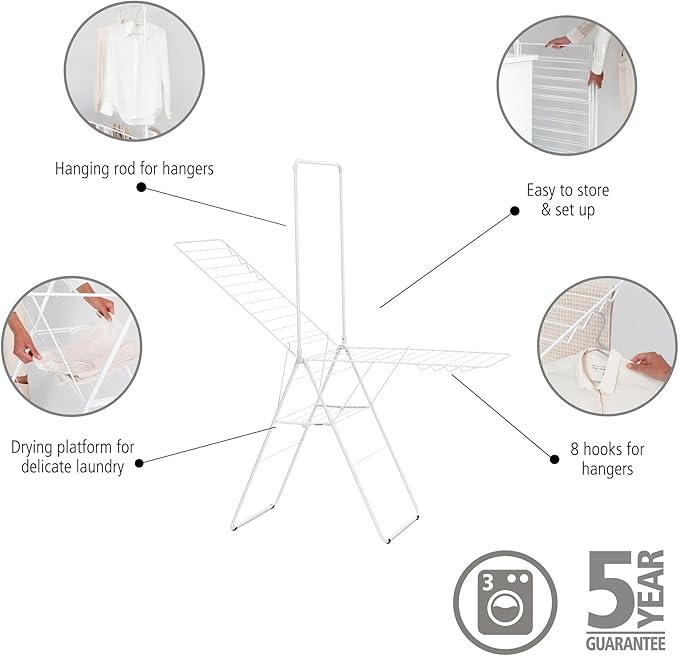 Brabantia HangOn Clothes Drying Rack with Garment Rail | 82ft (25m) | White | Large Indoor Clothes Airer Laundry Stand with 2 Fold-Out Wings & Hanger Hooks, Folds Flat | Fits 3 Full Loads