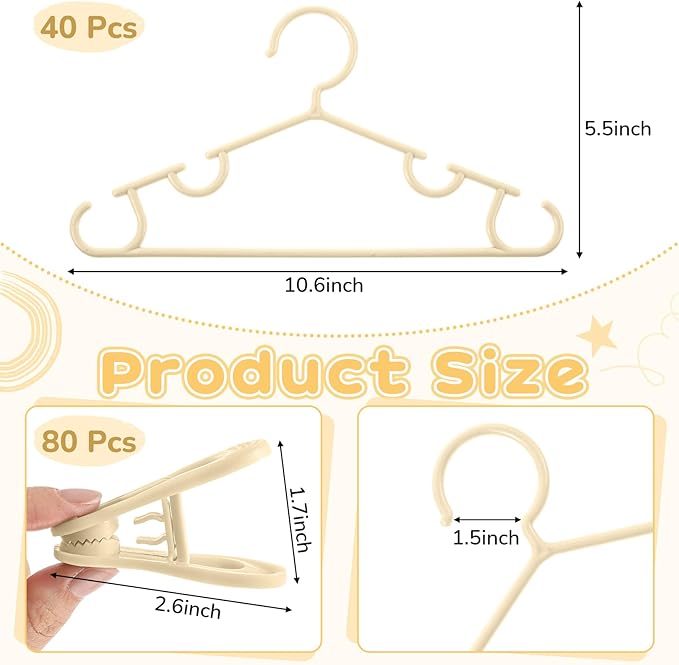 Hsei 5/10/40 Pack Baby Hangers with 10/20/80 Clips, Plastic Kids Pants Hangers for Nursery Closet Top and Bottom Clothes Hanger Set for Newborn Infant Toddler(120 Packs Total,Ivory,10.6 Inch)