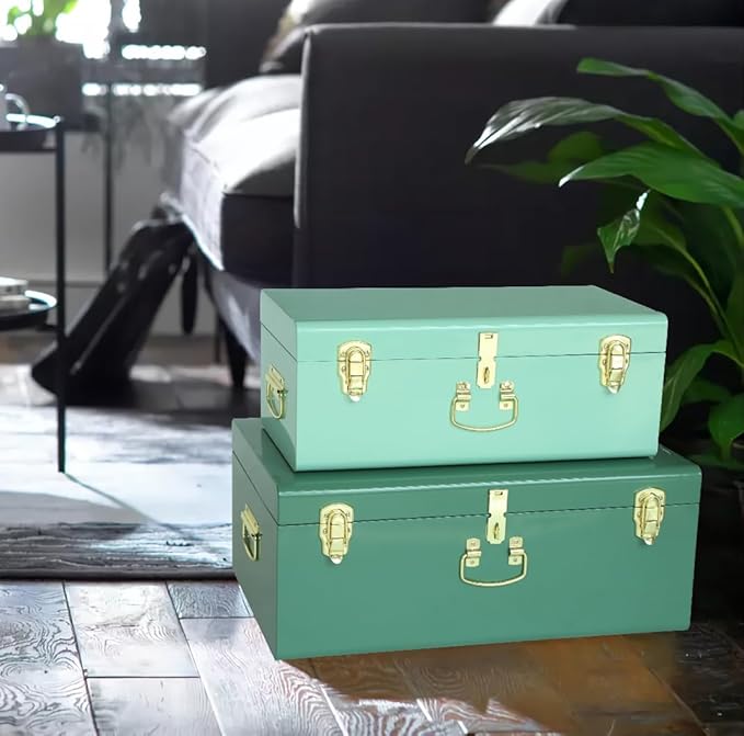 Vixdonos Decorative Large Metal Box Storage Trunk Chest Set of 2 College Dorm Organizer with Hardware Hasps and Handle for Home Deocr,23.7X14.2X9.5 Inches