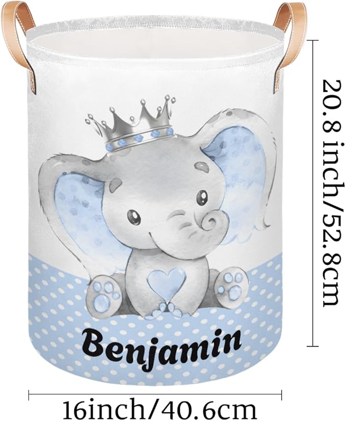Personalized Laundry Basket, Custom Gift Laundry Hamper, Collapsible Nursery Waterproof Laundry Baskets, Dirty Clothes Toy Hamper with Handles Prince Elephant Dot