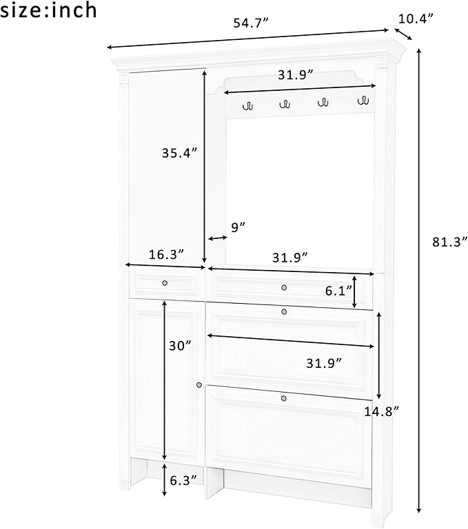 54.7'' Hall Tree with Integrated Shoe Cabinet and Mirrored Cabinet Door, 4-in-1 Design Entryway Coat Hanger with 2 Flip Drawers, 4 Hooks and 2 Cabinets for Entrance Living Room