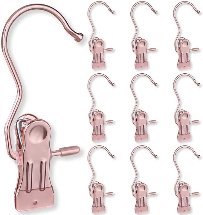 Hangers Clips,Stainless Hooks for Closet Hooks,Heavy Duty Clothespins Laundry Hanging Hooks,Travel Portable Clothes,Boot Tall Towel Hats Socks Pants and Bras (10, Rose Gold)