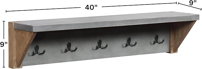 Alaterre Furniture Newport Entryway Collection – 40" Modern Industrial Wall Mounted Coat Rack with 5 Steel Double Hooks & Top Shelf – Easy Hang for Entryway, Hallway, or Mudroom (Concrete Gray)