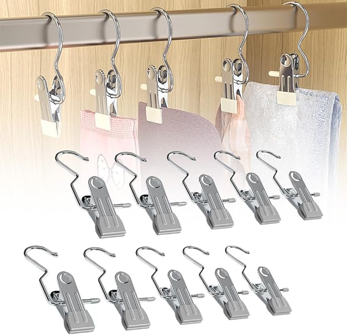 50 PCS Stainless Steel Laundry Hanging Hooks, Anti-Rust Space-Saving Clothespin Hat Pants Storage Hanging Travel Hooks, 360 Rotating Hanger Clips Towel Clips Boot Hangers for Closet (Gray)