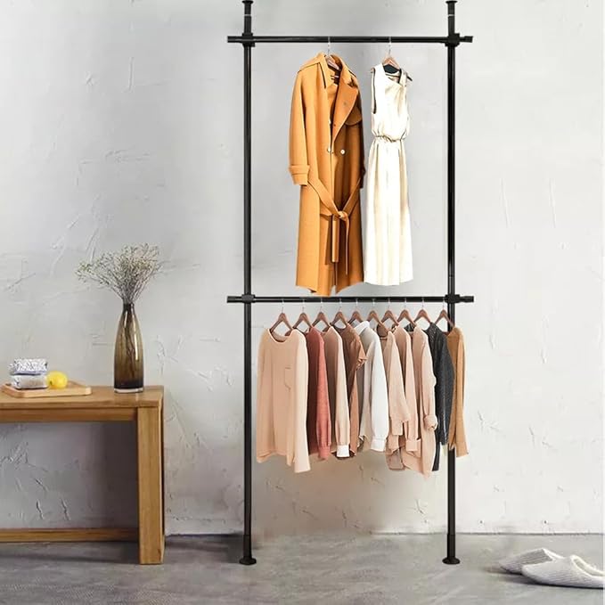 Free Standing Floor Ceiling Laundry Drying Rack, Hanging Clothes Adjustable Garment Rack Heavy Duty Clothes Hanger, 2 Tier Adjustable Telescopic Garment Rack