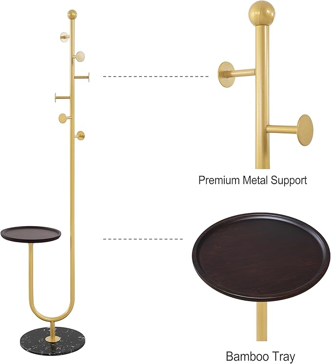 Coat Rack Freestanding with Table & 6 Hooks, Corner Coat Tree, Heavy-duty Marble Base Coat Rack Stand for Bedroom Living Room Office Entryway 13.78 x 13.78 x 68.11 Inches (Gold)