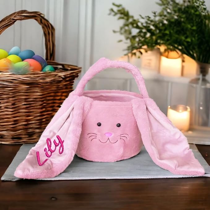 Embroidered Personalized Bunny Bag with Name, Kids Spring Egg Hunt Tote, Baby Boys & Girls Holiday Gift, Custom Monogram Rabbit Carry BaBasket for Easter Egg Hunt
