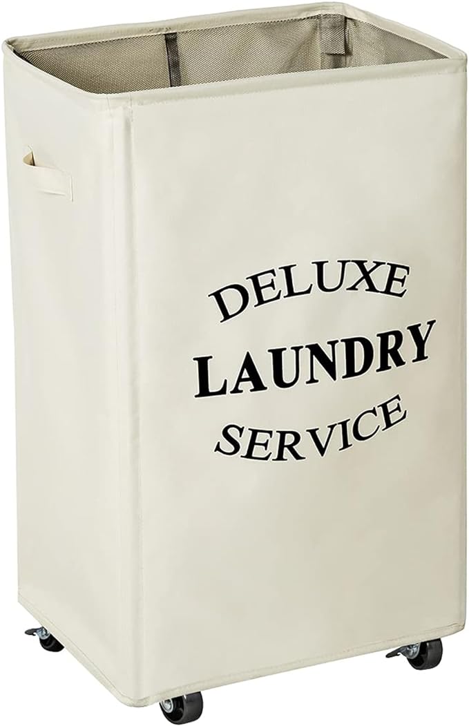 WOWLIVE Large Rolling Laundry Basket Wheels 90L Collapsible Tall Laundry Hamper Handle Foldable Dirty Clothing Basket Fold up Rectangular Hampers for Laundry Dorm Room (Beige)