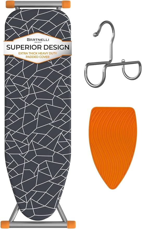 Bartnelli Compact Ironing Board, 13x43 Space-Saving Steel Foldable Iron Board, 4 Layer Cotton Cover, Adjustable Height, Bonus Hanger and Silicone Iron Pad