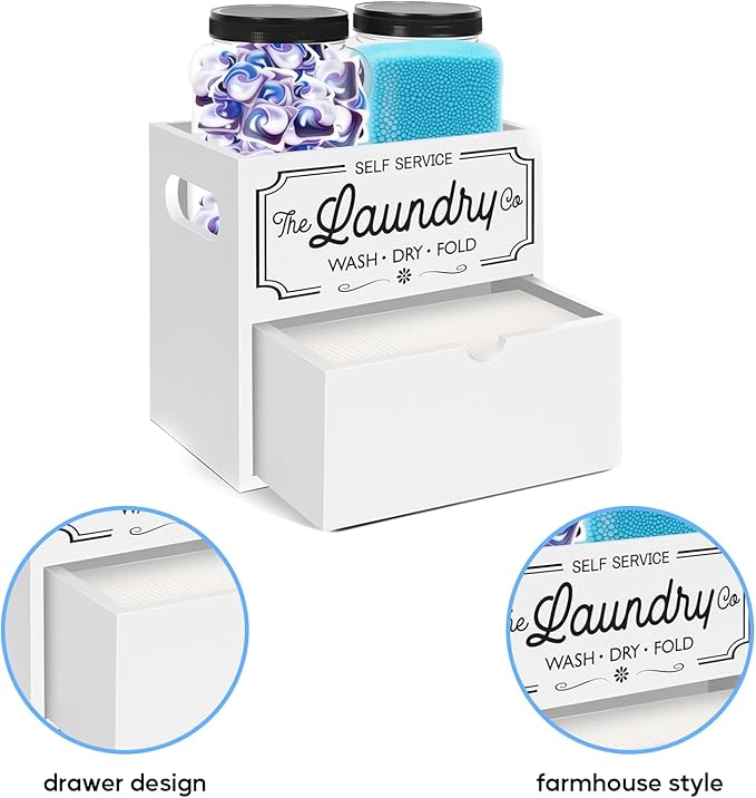 Laundry Pods Container, 7.8 x 5.1 x 6.7 Inches Wooden Dryer Sheet Container, Rustic Containers Storage Box, 2-Tier Storage Box with Drawer for Dryer Sheets and Pods (White)