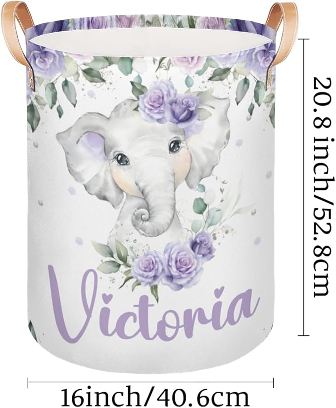 Personalized Laundry Basket, Custom Gift Laundry Hamper, Collapsible Nursery Waterproof Laundry Baskets, Dirty Clothes Toy Hamper with Handles Purple Floral Cute Elephant