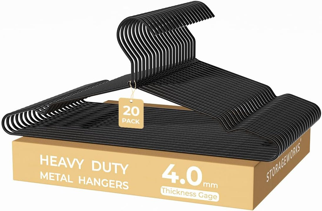 StorageWorks 4mm Super Thick Metal Wire Hangers, Heavy Duty Stainless Steel Clothes Hangers for Coats, Shirts Jackets, Pants, Suits, Space Saving Black Hangers for Closet, 20 Pack