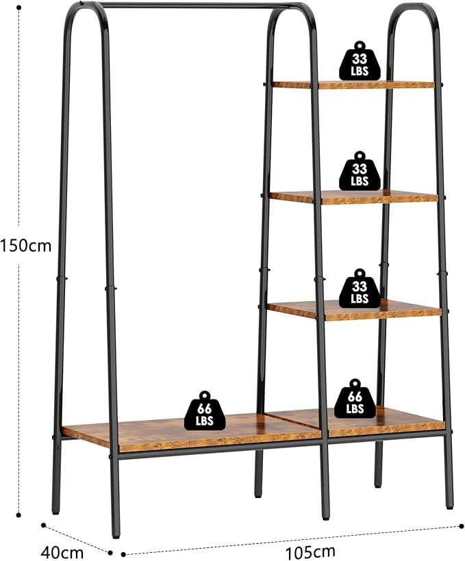 SogesHome Free Standing Clothing Rack, Standing Coat Rack Garment Racks with 3-Tier Storage Shelves for Bedroom, Entryway, Vintage Brown