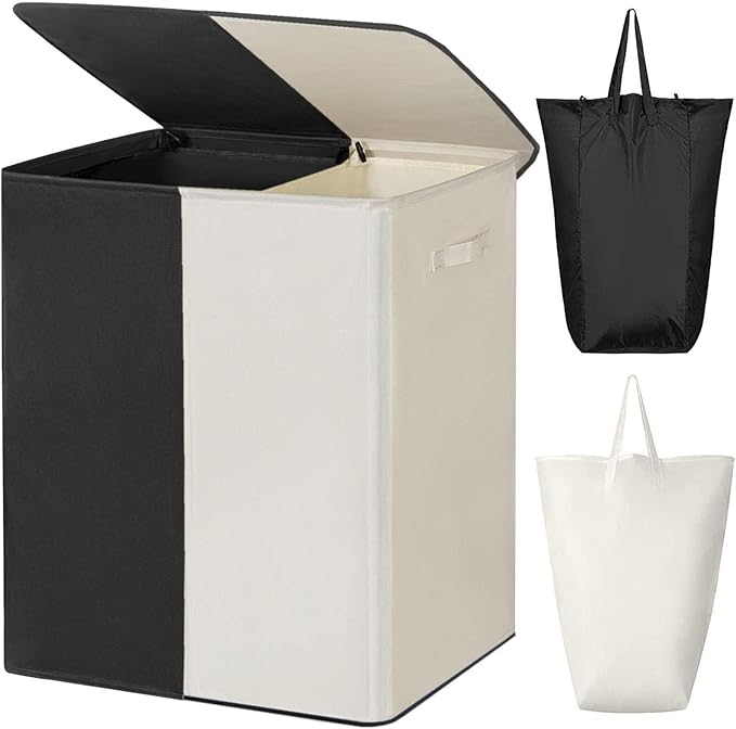 WOWLIVE Double Laundry Baseket with Lid and Removable Laundry Bags,154L Large Laundry Hamper 2 Section Collapsible Dirty Clothes Hamper for Laundry Room,College Dorm,Bathroom,Black and Beige