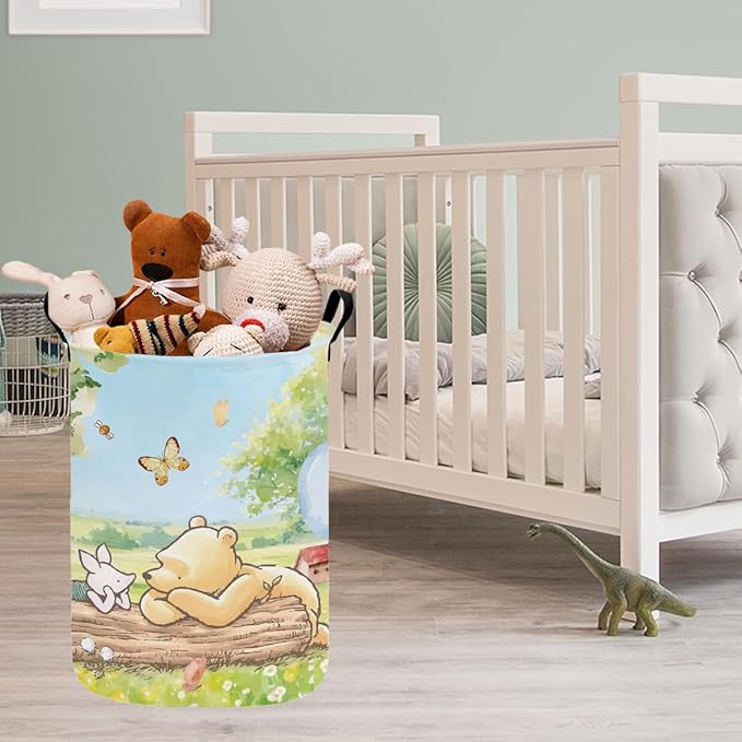 Greatingreat Winnie Foldable Laundry Basket - Small Circular Collapsible Hamper with PE Coating, Baby Laundry Basket & Clothes Organizer for Nursery, Bedroom, Home Storage (Blue)