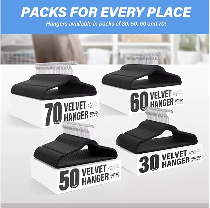 YSSOA Velvet Hangers 50 Pack, Non-Slip Clothes Hangers with Shoulder Notches, Heavy Duty Coat Suit Hangers with 360° Swivel Hooks, Black