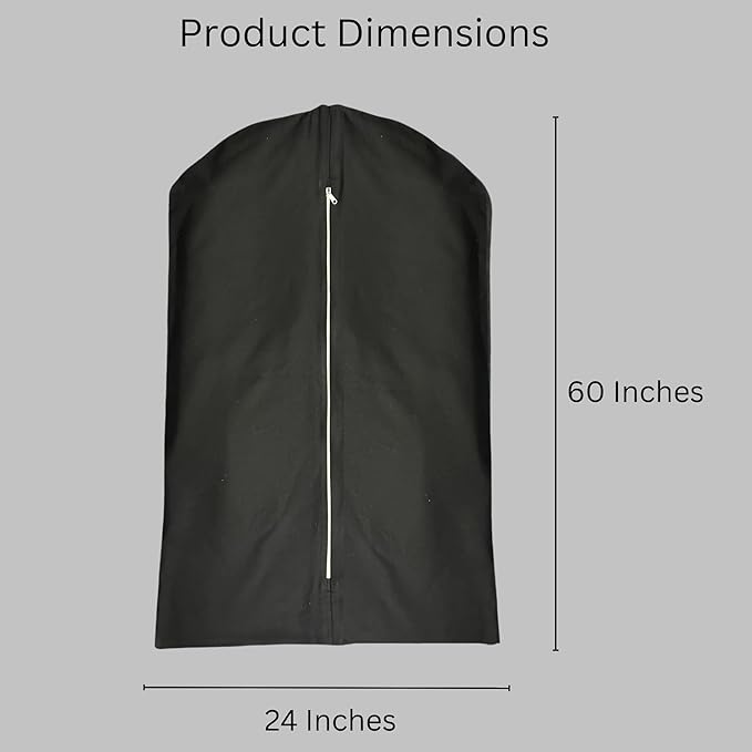 Premium 100% Cotton Garment Bags – 60" Black Canvas Suit Cover with YKK Zipper – Breathable, Dust-Proof Storage for Suits, Coats, Dresses, Jackets & Travel/Closet Use