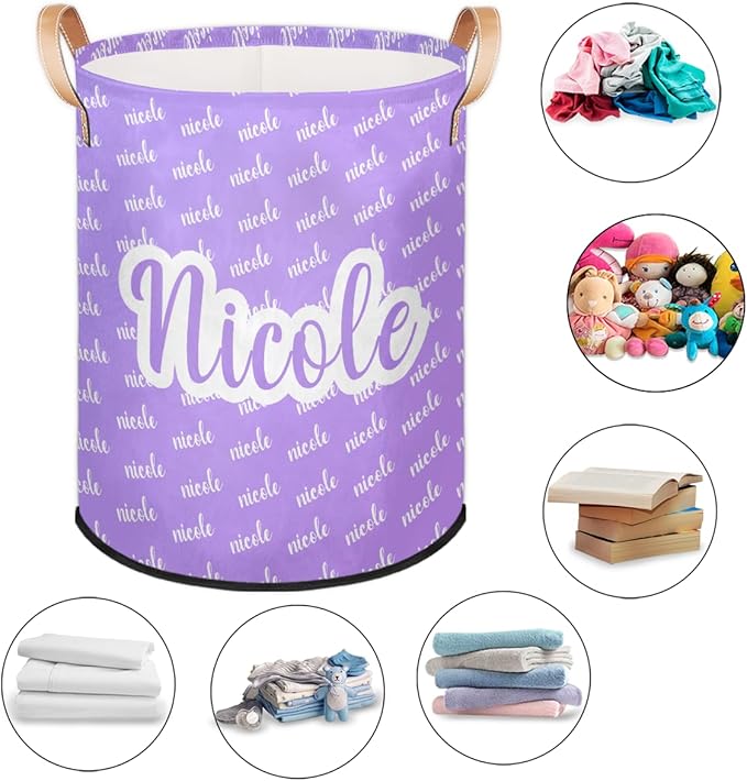 Custom Name Purple Laundry-Hamper, Personalized Kids-Clothes-Hamper Foldable with Name, Customized Storage Basket with Handles Waterproof Gift for Boys Girls Baby Women
