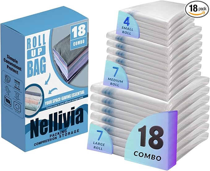 18 Pack Compression Bags for Travel, Roll Up Space Saver Bags for Clothes Storage, Compact Packing travel organizer for Luggage, Suitcase, Backpack, Vacuum Storage No Pump Needed